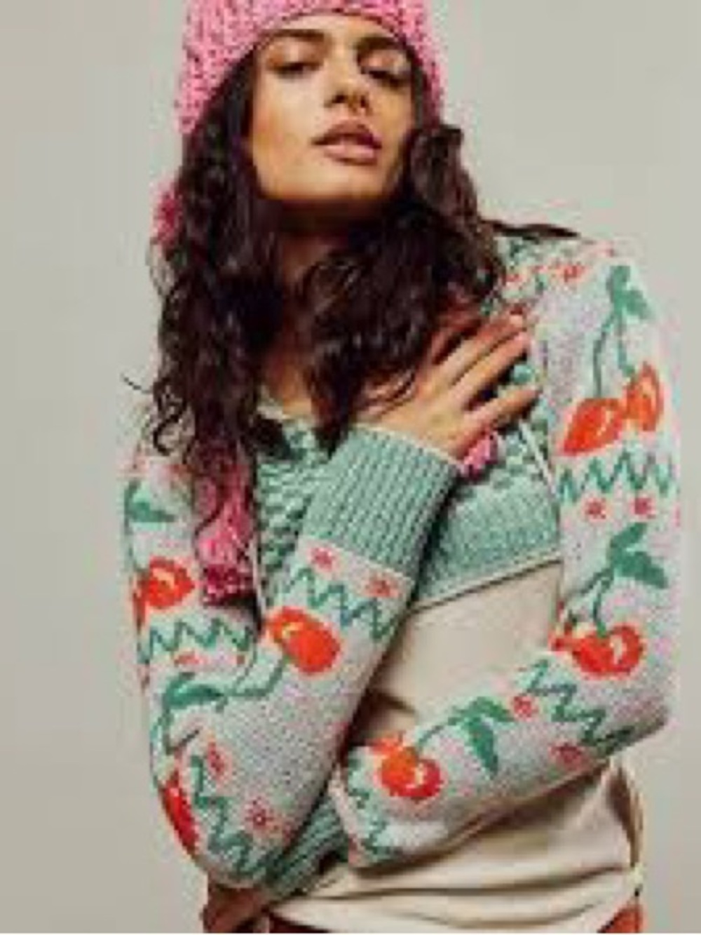 We The Free Mint Green Cropped Sweater with Pink and Orange Floral Motif